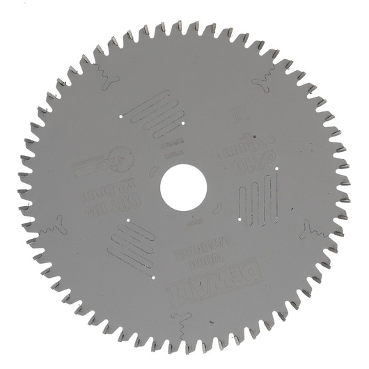 A circular saw blade for wood with multiple sharp teeth, featuring a central hole, manufactured by DEWALT.
