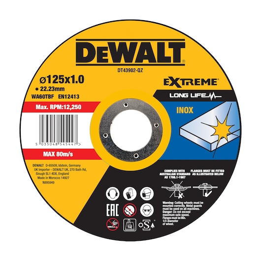 DEWALT grinding disc for inox, DT43902-QZ, DT43902, 125x1.0mm, max 12,250 RPM, for photography equipment use.
