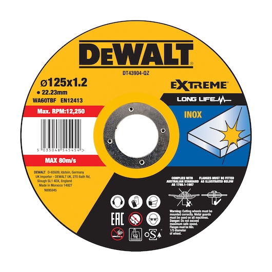 DEWALT DT43904-QZ, DT43904 cutting disc for metal/Inox, Ø125x1.2mm, max RPM 12,250. Extreme long life.