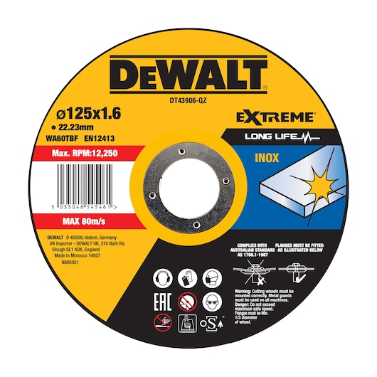 DEWALT DT43906 extreme inox cutting disc, 125x1.6mm, max RPM 12,250, safety icons and product details visible.