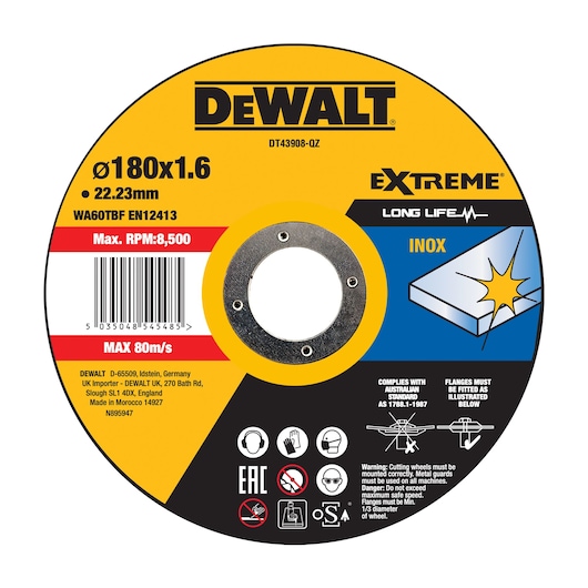 DEWALT cutting disc DT43908, DT43908-QZ for inox with specs and safety info on label.