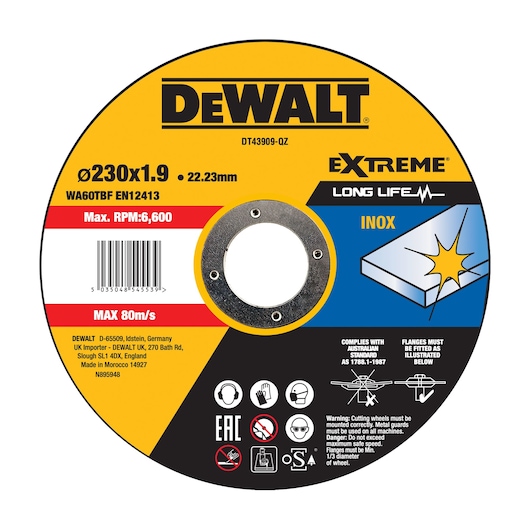 DEWALT extreme long-life inox cutting wheel, Photography, SKUs DT43909-QZ, DT43909 shown.