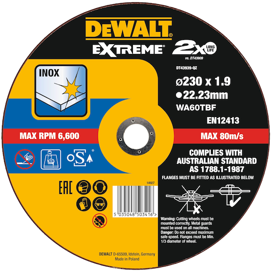 DEWALT Extreme cutting disc for stainless steel, 230mm diameter, safety icons and technical details shown.