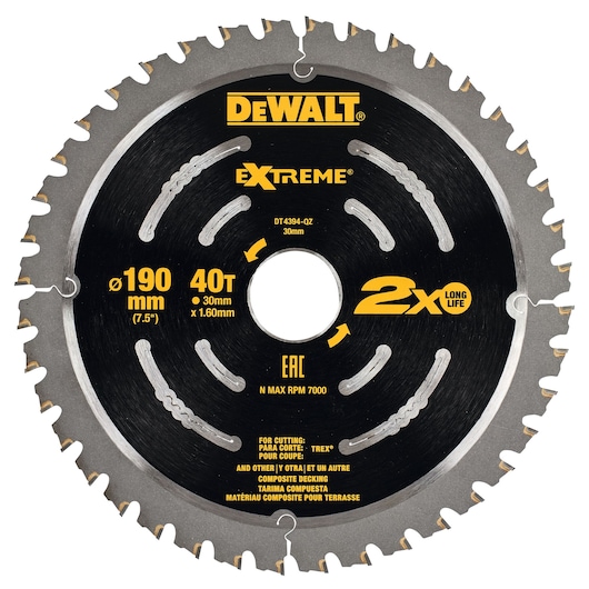DEWALT DT4394 Extreme circular saw blade, 190mm diameter, 40 teeth, made for composite decking, black and silver.