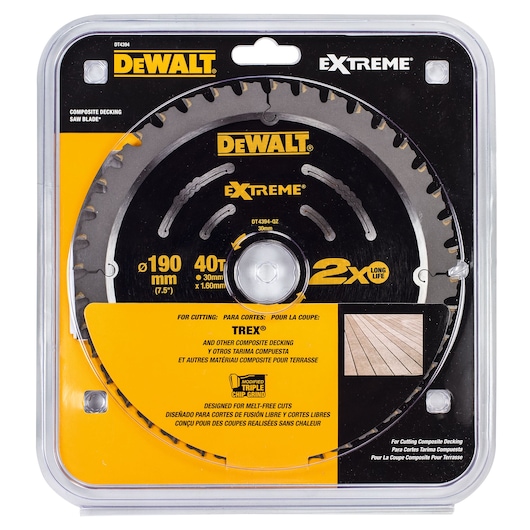 DEWALT DT4394 Extreme saw blade for composite decking, 190mm diameter, 40 teeth, shown in retail packaging.
