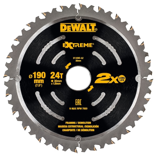 DEWALT Extreme saw blade, 190mm diameter, 24 teeth, for framing and demolition, black and silver.