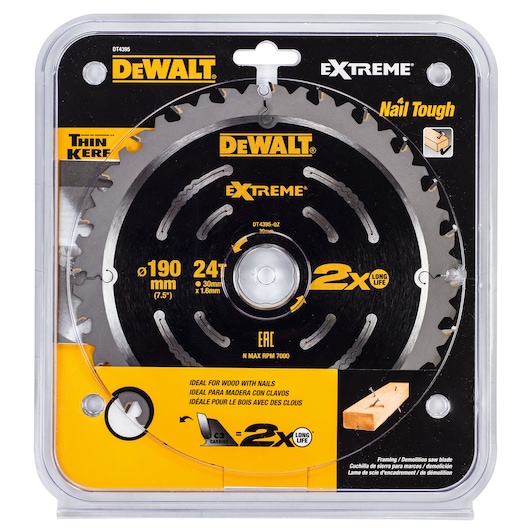 DEWALT DT4395 Extreme 190mm saw blade, 24 teeth, ideal for wood with nails, in original packaging.