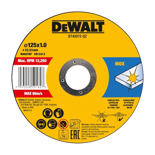 DEWALT DT43972-QZ 125x1.0mm cutting disc for inox, yellow label, product info and safety warnings printed.