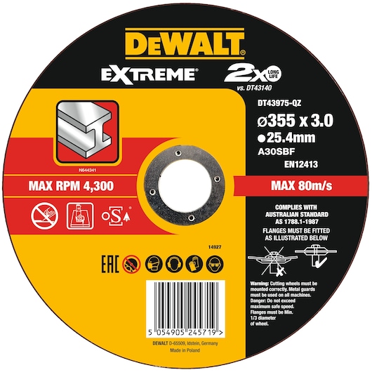 DEWALT DT43975 cutting disc, 355x3.0mm for metal, max 4,300 RPM, safety icons visible, barcode and specs shown.