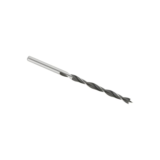 A single metal drill bit with a pointed tip and spiral flutes, photographed on a white background.