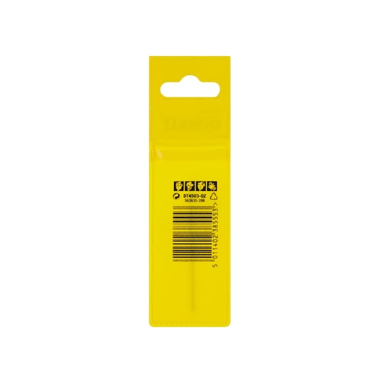 Yellow DEWALT DT4503 drill bit packaging with barcode and safety symbols, viewed from the back.