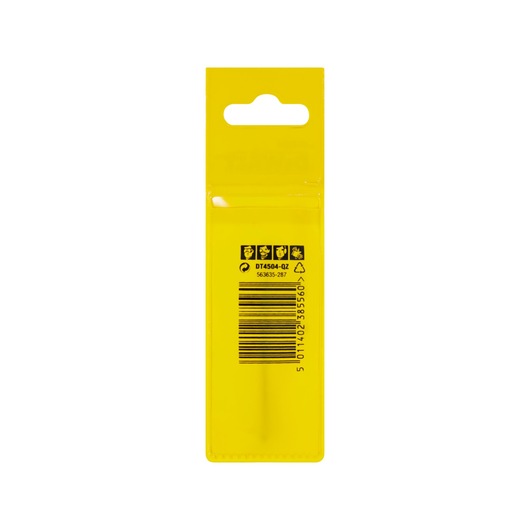 Yellow DEWALT DT4504 packaging with barcode and safety icons, viewed from the back.
