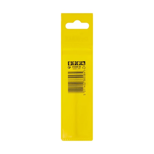 Back view of yellow DEWALT DT4506 packaging with barcode and safety icons visible.