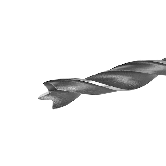 Close-up of a metal wood drill bit with a pointed tip, used for precise drilling tasks.