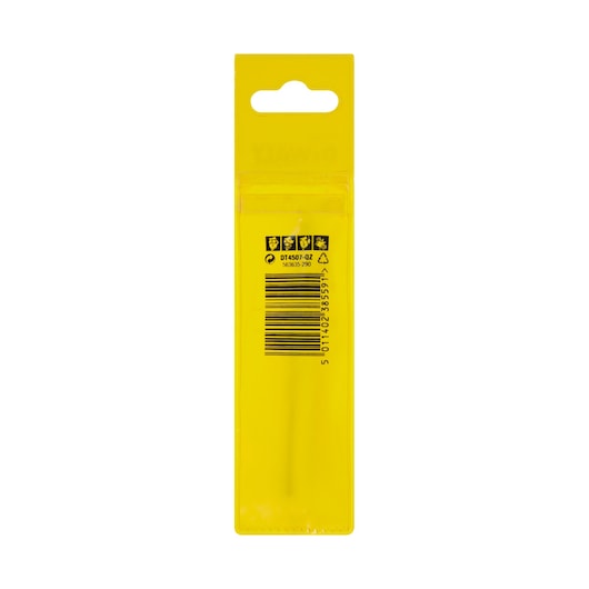 Back view of yellow DEWALT DT4507 drill bit packaging with barcode and safety icons.