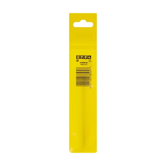Back view of yellow DEWALT DT4508 product packaging with barcode and recycling symbols.