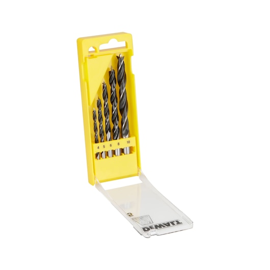 DEWALT drill bit set in yellow case with five bits of various sizes, shown with open clear lid.