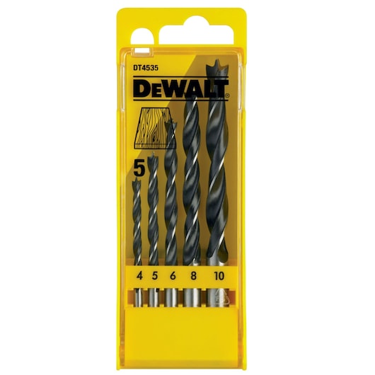DEWALT DT4535 set of five wood drill bits in yellow case, sizes 4-10mm clearly displayed.