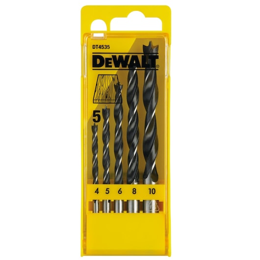 DEWALT DT4535 set with 5 wood drill bits in sizes 4, 5, 6, 8, and 10mm in a yellow plastic case.