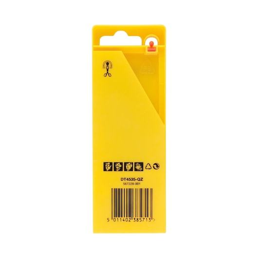 Yellow DEWALT DT4535 packaging with barcode, safety icons, and plastic recycling symbols shown on the back.