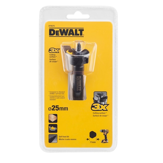 DEWALT DT4575 25mm self-feed bit in yellow packaging, for drilling wood, includes product features and brand logo.