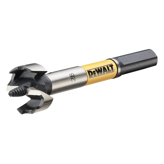 A close-up of a DEWALT branded wood drill bit with a yellow and metallic shaft and a specialized cutting tip for drilling holes.