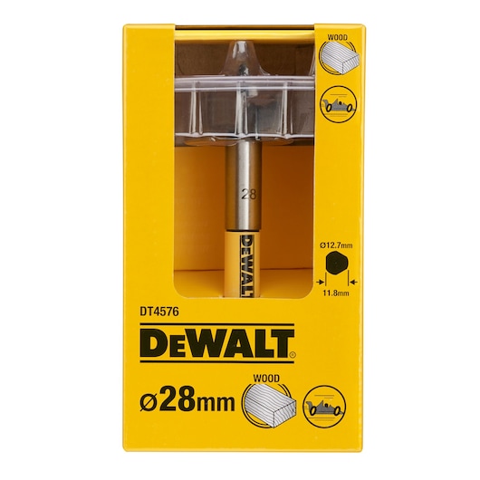 DEWALT DT4576 wood drill bit, 28mm diameter, in yellow packaging with product details visible.