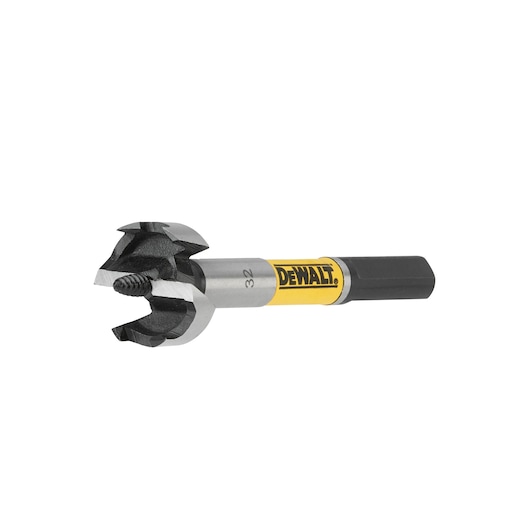 A DEWALT branded wood drill bit with a hex shank and cutting edges, designed for creating holes in wood.