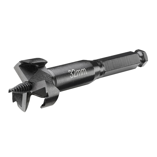A close-up image of a DEWALT wood drill bit with a hex shank and 32mm size marking, designed for woodworking.