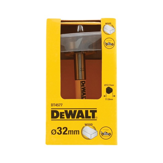 DEWALT DT4577 wood drill bit, 32mm diameter, shown in yellow packaging with specifications.