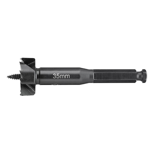 DEWALT 35mm wood drill bit with hex shank and screw tip, suitable for heavy-duty drilling tasks.