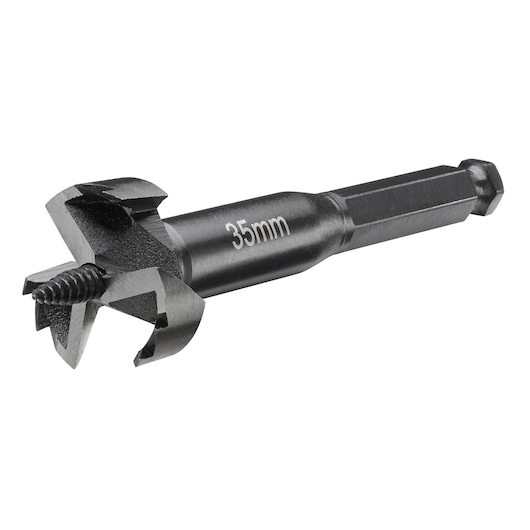 DEWALT 35mm drill bit with hex shank, metallic finish, used for woodworking and precision drilling.
