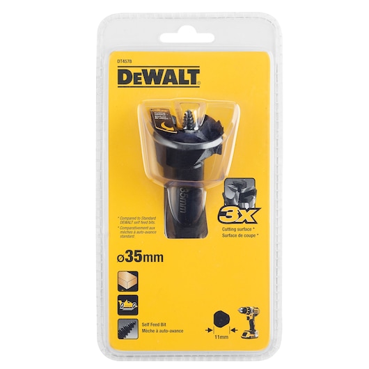 DEWALT DT4578 self feed bit in packaging, 35mm size, for wood. Yellow branded card and clear plastic cover.
