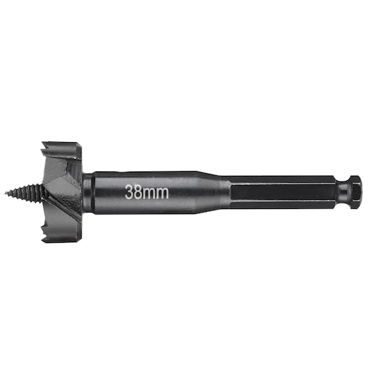 DEWALT DT4579 drill bit, 38mm diameter, black, hex shank, for wood boring.