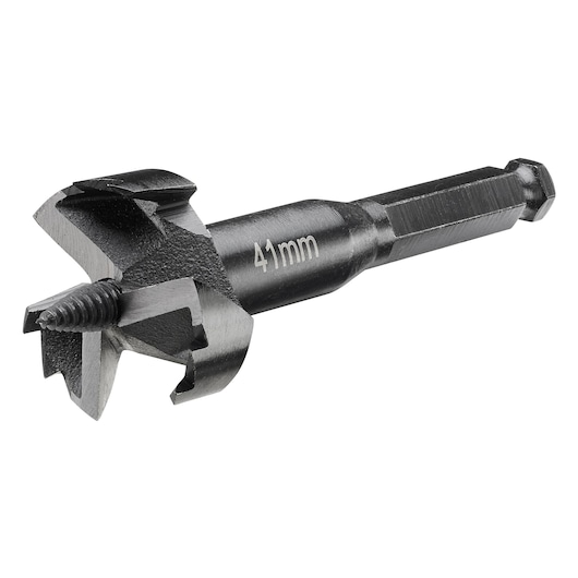 A close-up image of a DEWALT 41mm wood drill bit with a hex shank, designed for precision drilling.