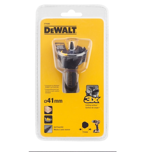 DEWALT DT4580 self-feed bit for wood, diameter 41mm, packaged in clear plastic with yellow label.