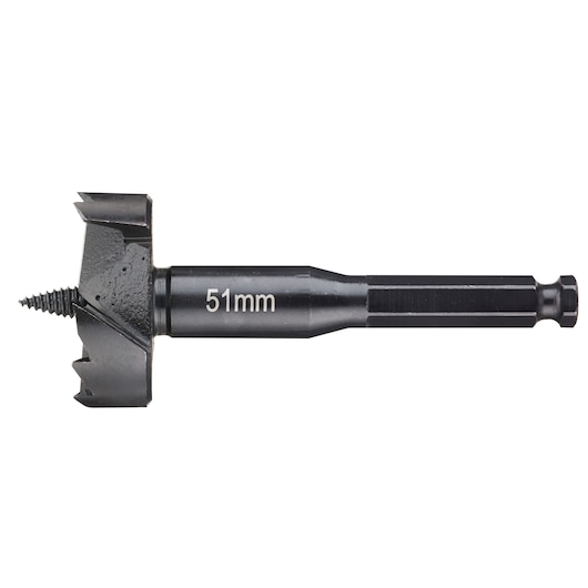 A DEWALT 51mm wood drill bit with a threaded center point and cutting edges, designed for making large holes in wood.