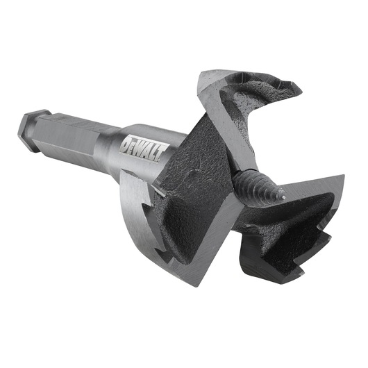 Close-up of a DEWALT branded auger drill bit with a threaded tip, designed for drilling large holes in wood.