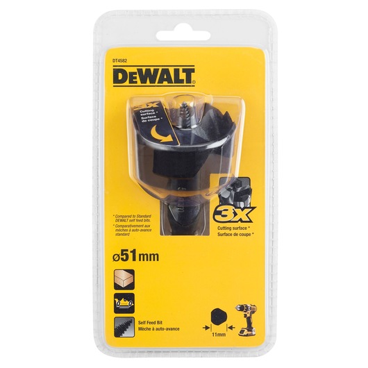 DEWALT DT4582 self feed bit, 51mm, in yellow packaging for woodworking and drilling.