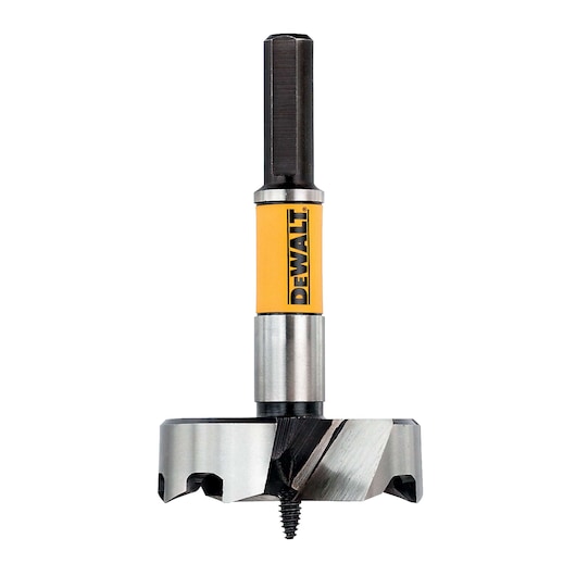 A close-up of a DEWALT brand wood drill bit with a yellow and black label, featuring a threaded tip and sharp cutting edges, designed for use with power drills.