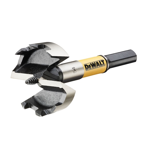 A close-up view of a DEWALT branded wood drill bit with sharp cutting edges, a screw tip, and a hexagonal shank.
