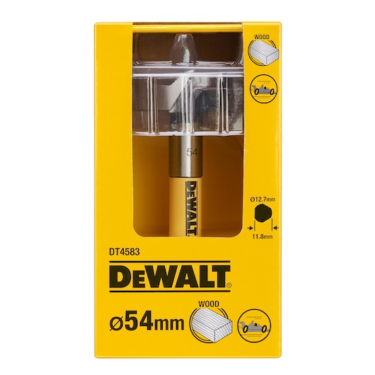 DEWALT DT4583 wood drill bit, 54mm, in yellow packaging with product specs visible.