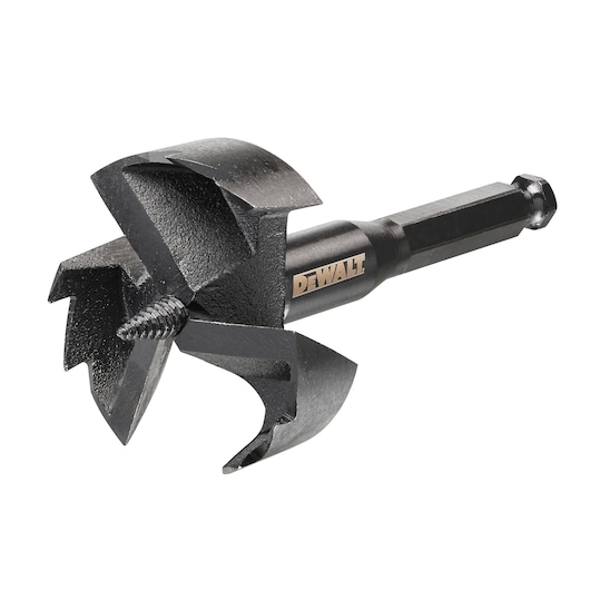 A DEWALT branded large wood boring drill bit with a hex shank and sharp, multi-bladed cutting edges, photographed on a white background.