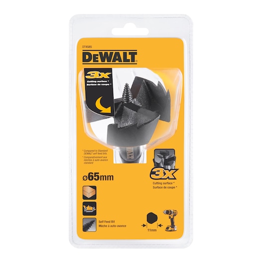 DEWALT DT4585 self-feed drill bit in 65mm size, packaged for use with wood and power tools.