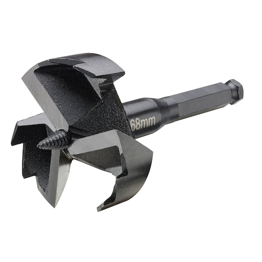 Close-up of a DEWALT DT4586 hole saw drill bit with 68mm marking, hex shank and sharp cutting edges.