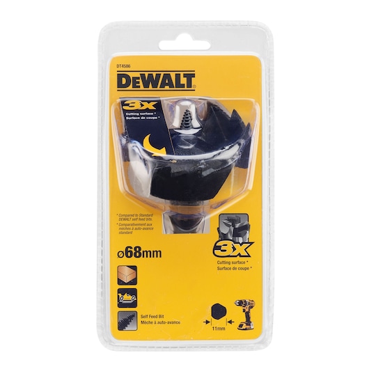DEWALT DT4586 self feed drill bit, 68mm, in yellow packaging, designed for woodworking and power drills.