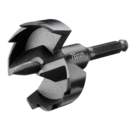 DEWALT 76mm hole cutter drill bit with hex shank for woodworking, close-up on metal body and cutting edges.