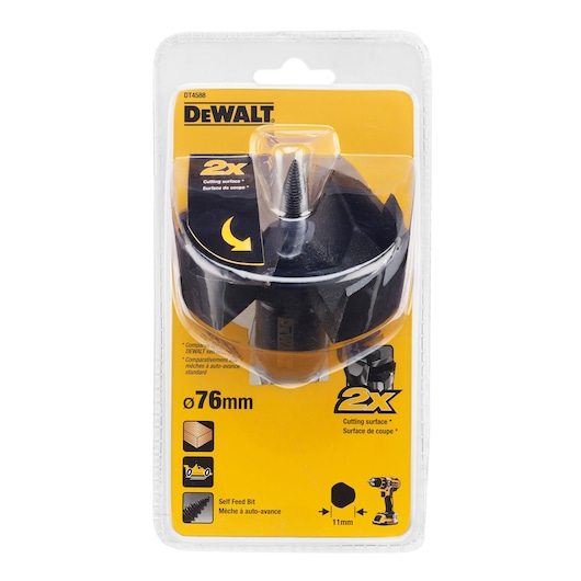 DEWALT DT4588 self-feed bit in plastic packaging, 76mm diameter, for wood, with drill compatibility.