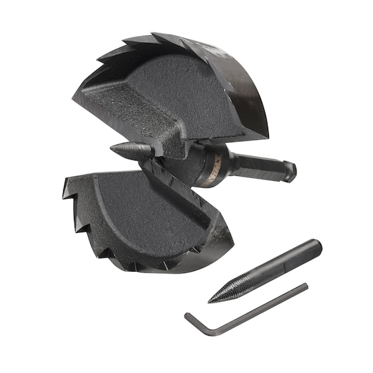 Black DEWALT wood boring drill bit set with replacement tip and hex key.