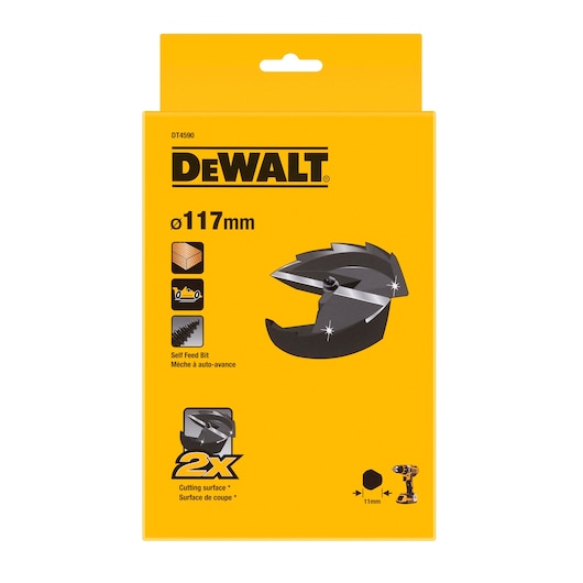 DEWALT DT4590 Self Feed Bit, 117mm diameter, yellow box with product image and technical icons.